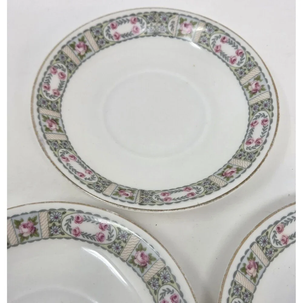 KPM Krister Germany Porcelain Saucer Set 5 Pink Rose Garland Gold Trim Antique